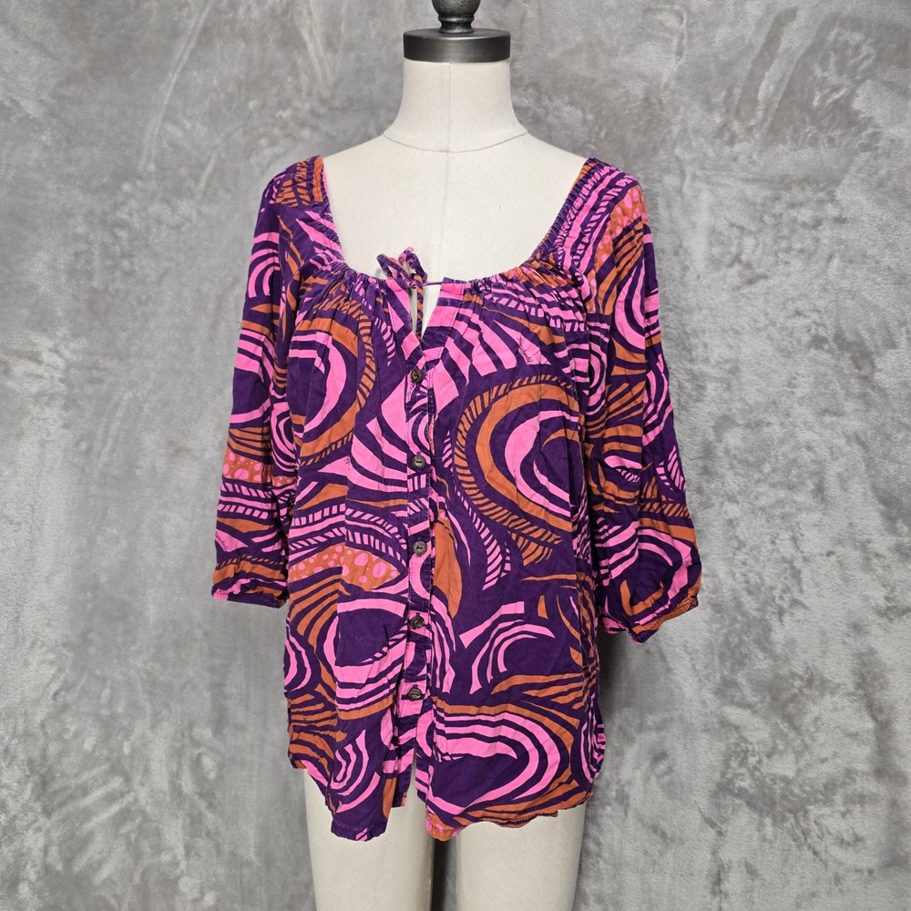 Manuhealii Blouse Top Womens L Purple Pink Abstract Rayon Button Front